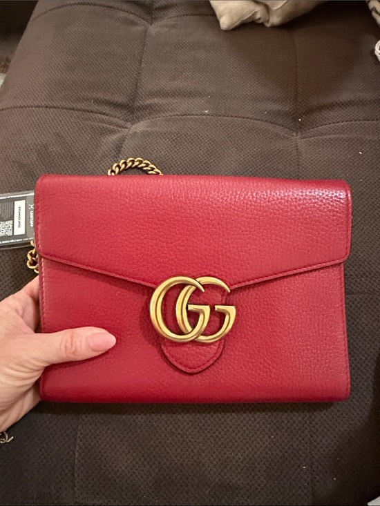 Gucci Handbags - Gucci Red Pebbled Leather Double G Crossbody Bag with Gold Chain
COA included